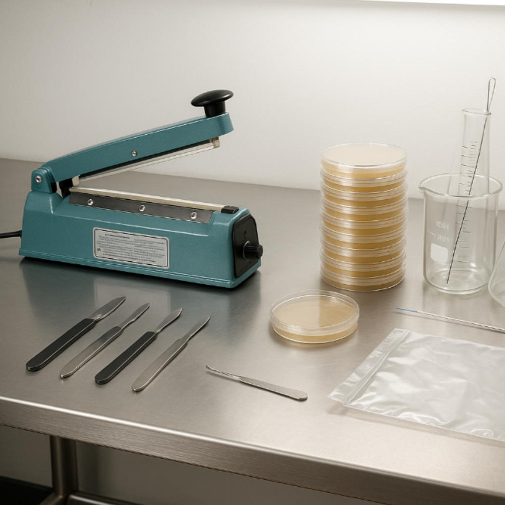 generate picture of mushroom lab equipment on stainless steel bench. Heat Sealer, Scalpel, Petri Dishes etc